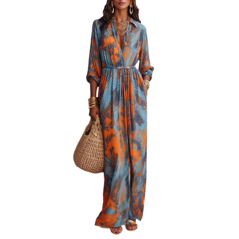 Women's Casual Printed Long Sleeve Lapel Collar Long Dress