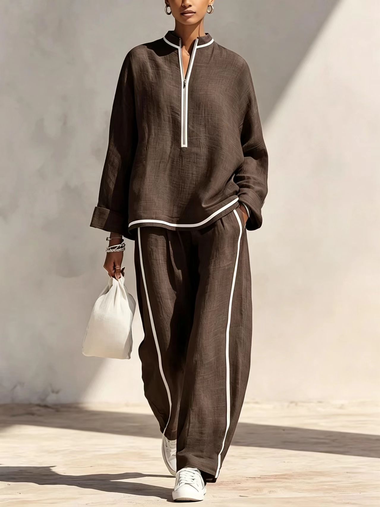 Women's Casual Two-Piece Set with Half-Zip Stand Collar Top and Wide-Leg Pants