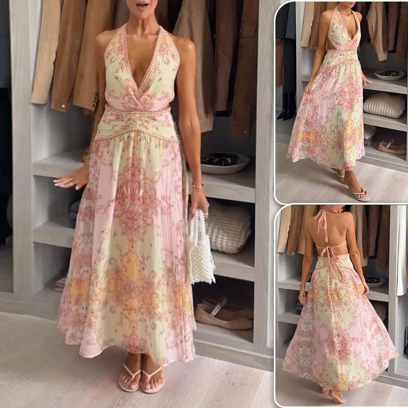 Women's Printed V-Neck Halter A-Line Long Dress