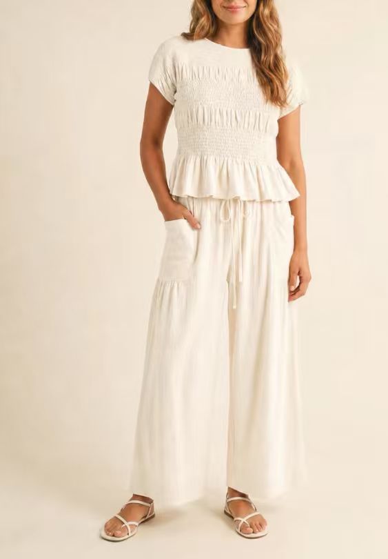 Women's Solid Color Smocked High Waist Wide Leg Pants Short Sleeve Casual Two-Piece Set