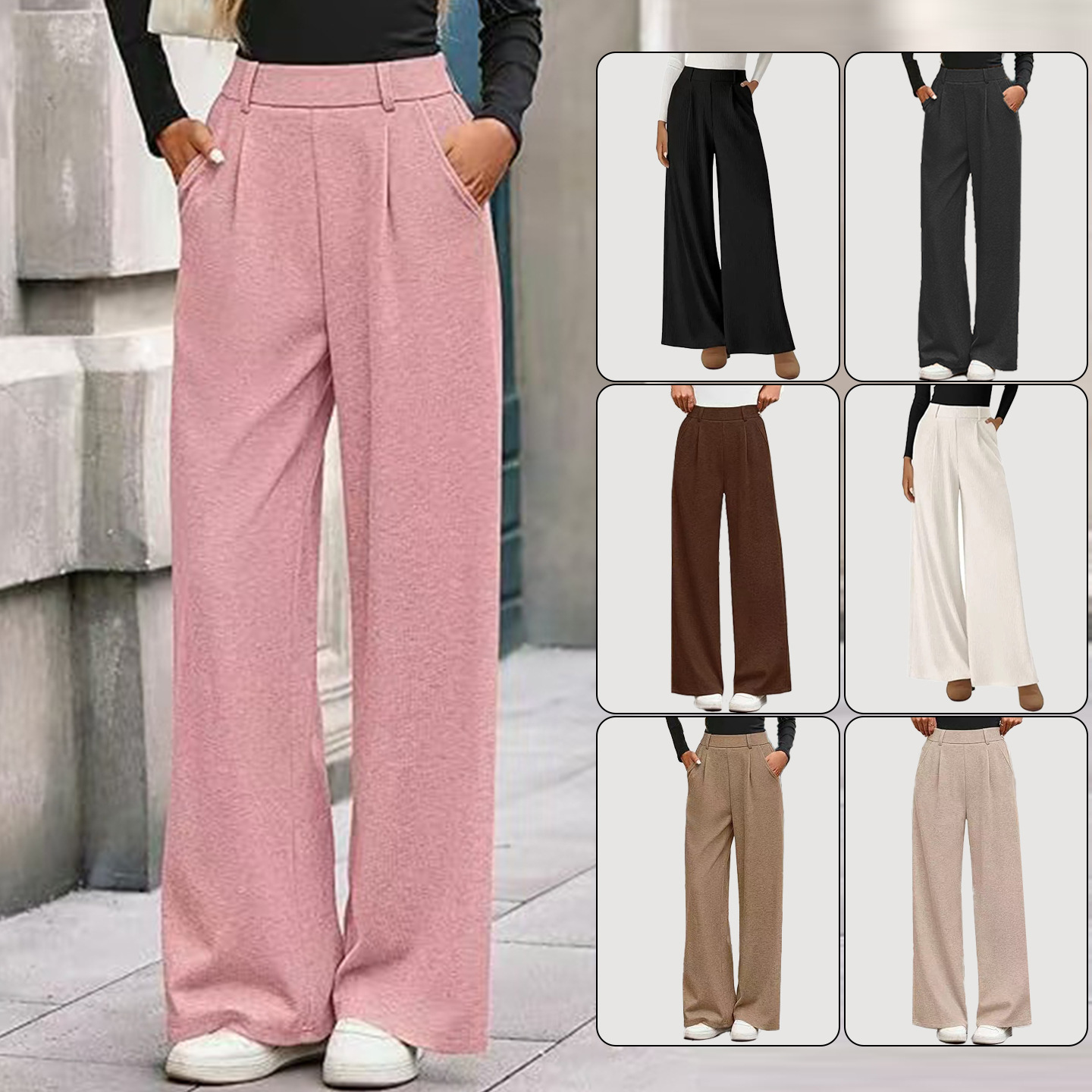 Ribbed Wide-Leg Straight Pants for Women Casual Commute