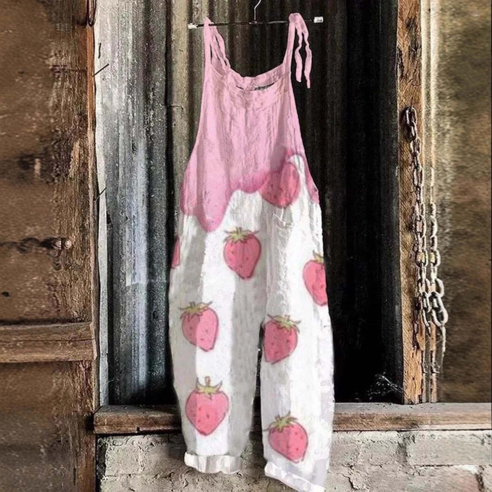 Women's Polka Dot Fruit Print Sleeveless Jumpsuit Casual Tie-Waist