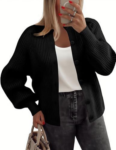 Women's Chunky Knit Button-Front Cardigan Sweater Long Sleeve Crew Neck