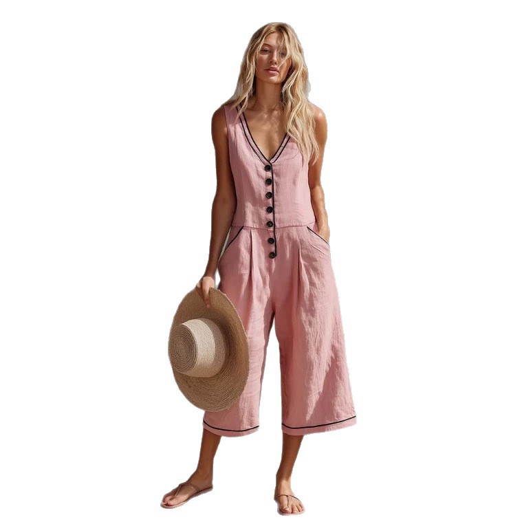 Colorblock V-Neck Sleeveless Wide-Leg Jumpsuit