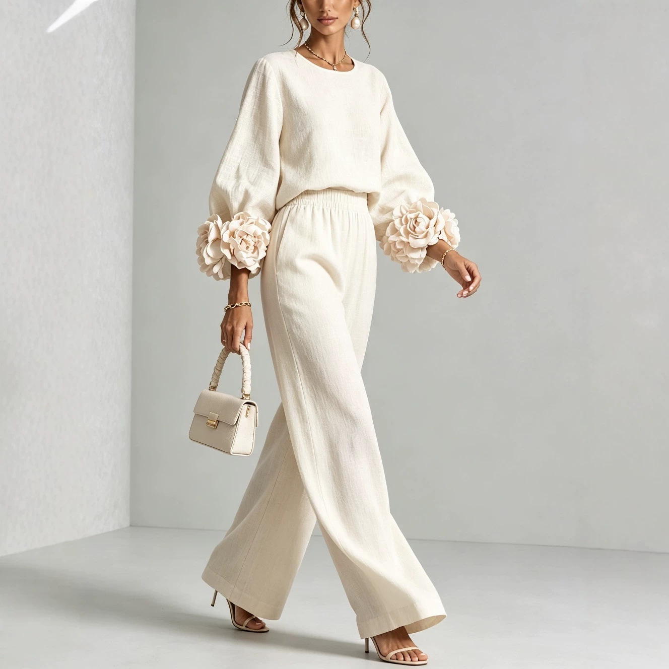 Floral Print Long Sleeve Round Neck Shirt & Wide-Leg Pants Set
