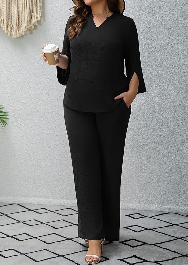 Women's Solid Color Two-Piece Set with Three-Quarter Sleeve Top and Wide-Leg Pants