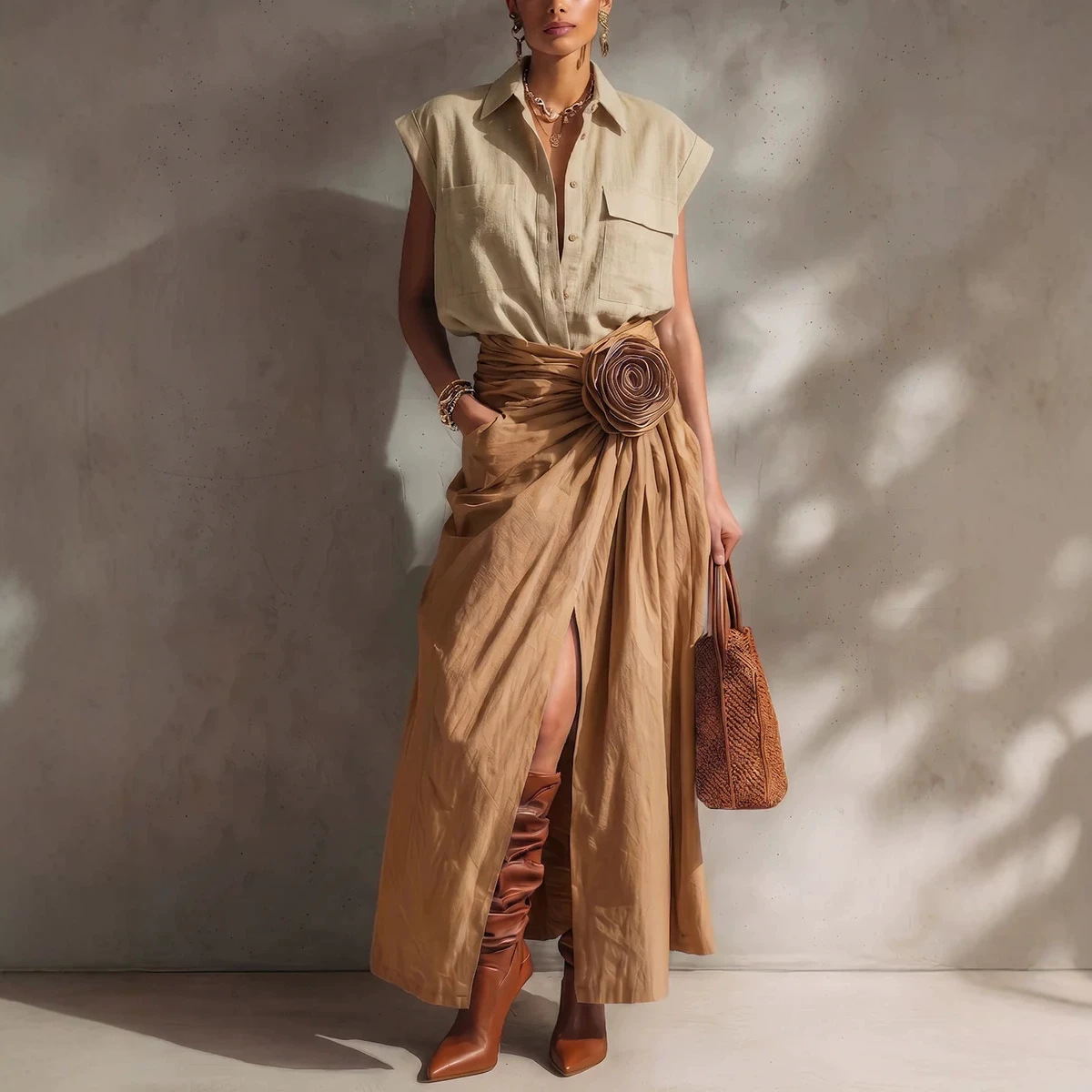 Polo Collar Cotton-Linen Shirt and Skirt Two-Piece Set