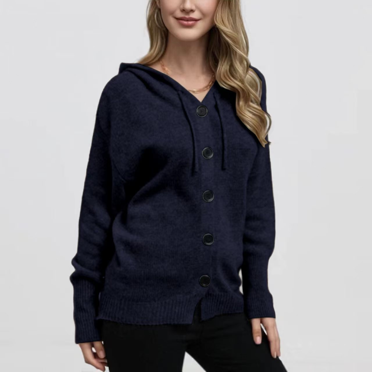 Women's Hooded Button-Front Cardigan Sweater V-Neck Solid Knit