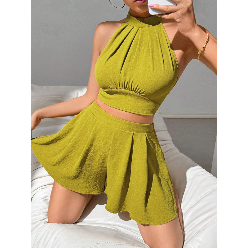 Women's Summer Solid Color Halter Cami and Shorts Set