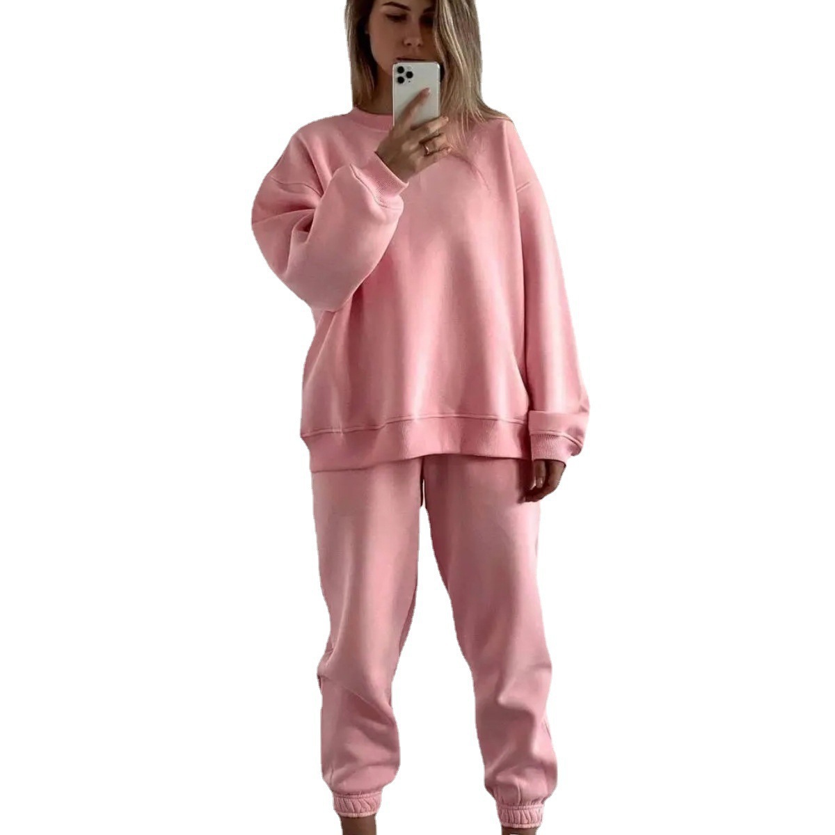 Women's Solid Color Crewneck Sweatshirt and Pants Two-Piece Set
