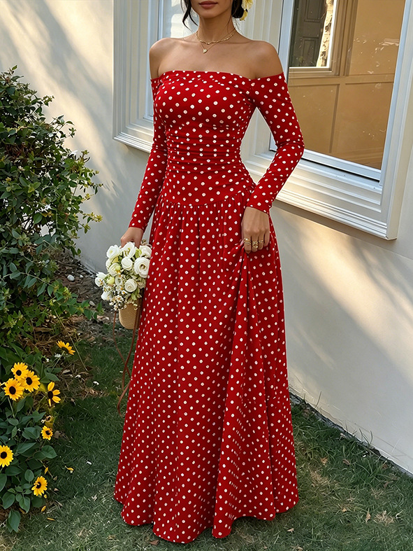 Sexy Off-Shoulder Polka Dot A-Line Dress with Waist-Cinching Silhouette