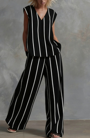 Black and White Vertical Striped Cotton-Linen Two-Piece Wide-Leg Pants Set