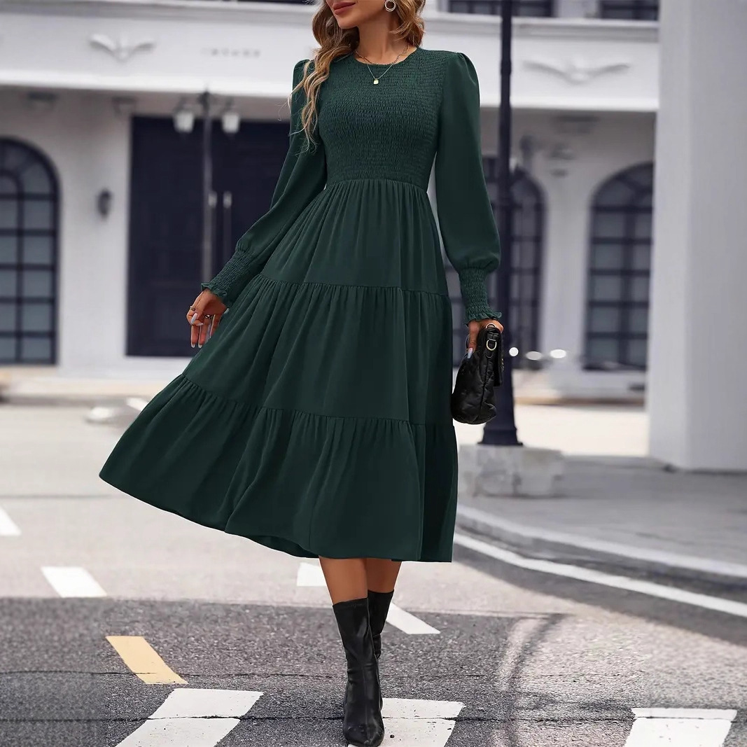 Elegant Ruffle Cuff Dress Solid Crew Neck A-Line Midi Dress