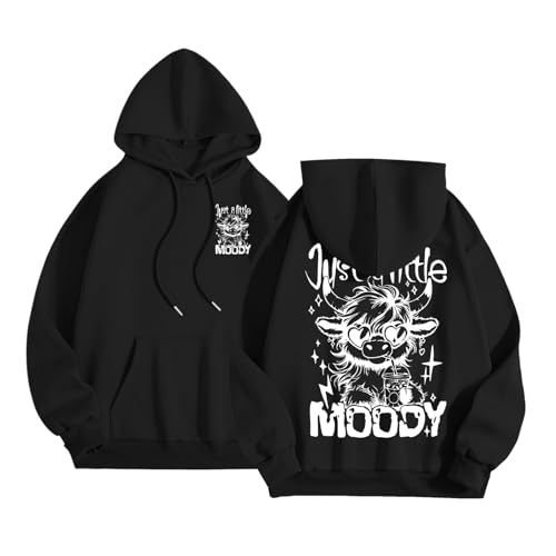 Women's Moody Letter Print Hoodie with Bull Head Sunglasses Graphic