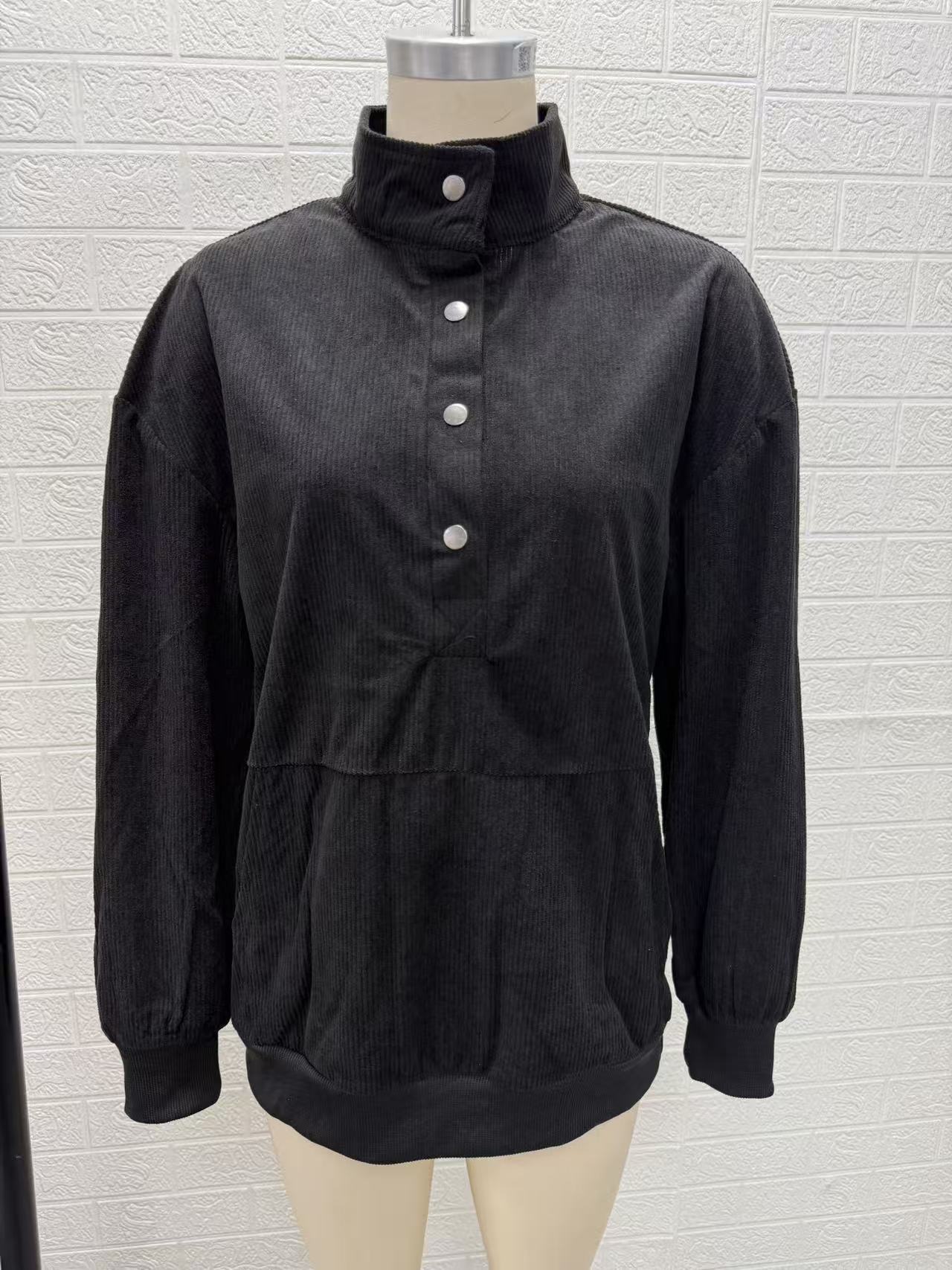 Solid Color Button-Front Long-Sleeve Hoodie with Pockets