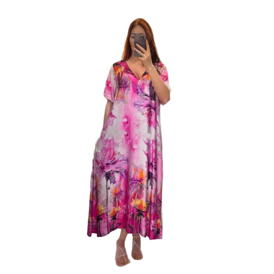 Women's Printed V-Neck Collared Casual Long Vacation Dress