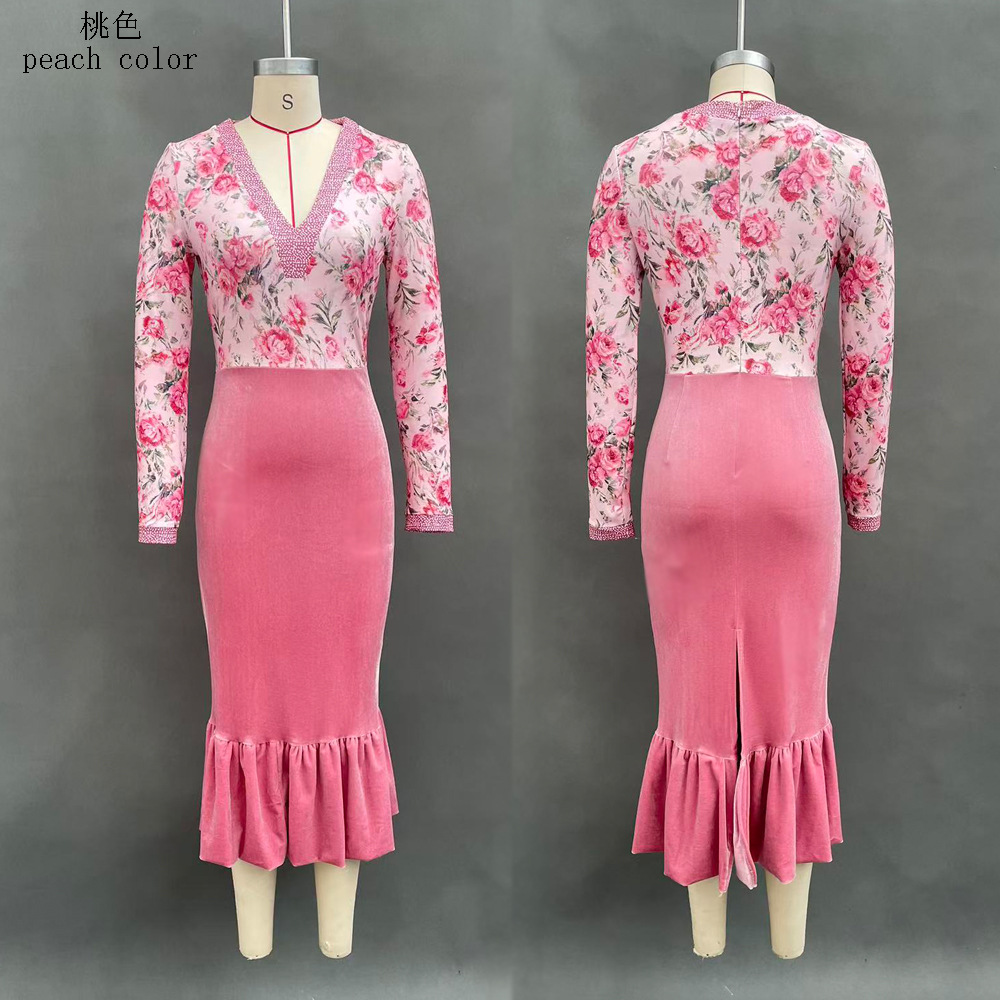 New Chinese Style Velvet Bodycon Midi Dress with Cutout