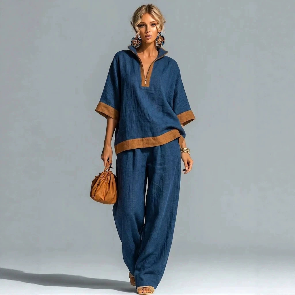 Women's Loose Casual Zip-Neck Top and Pants Set