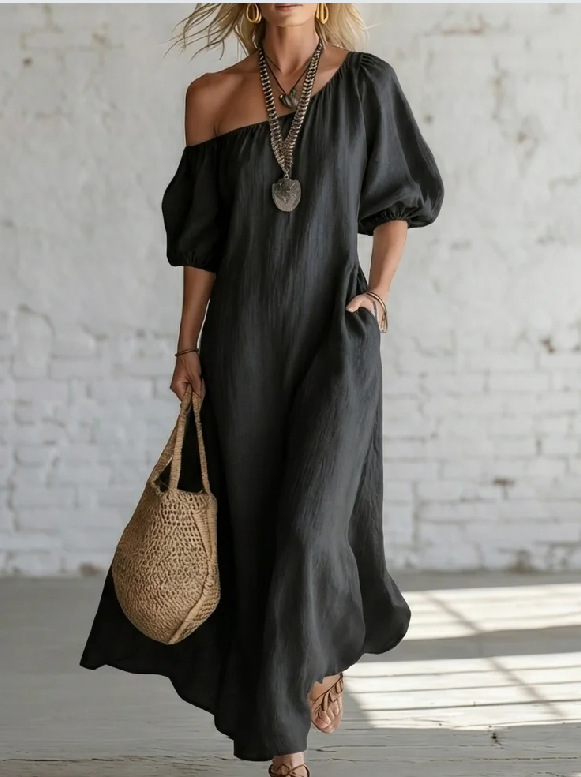 Off-Shoulder Cloud Cotton Puff Sleeve Loose Flowy Maxi Dress