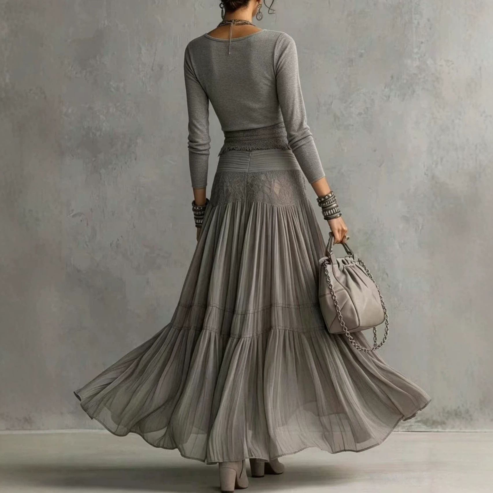 Gray Knit Top & Chiffon Maxi Skirt Two-Piece Set