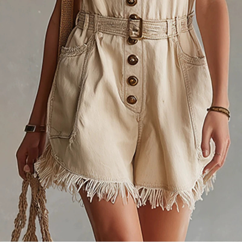Vintage Fringe Denim Romper Shorts in Apricot