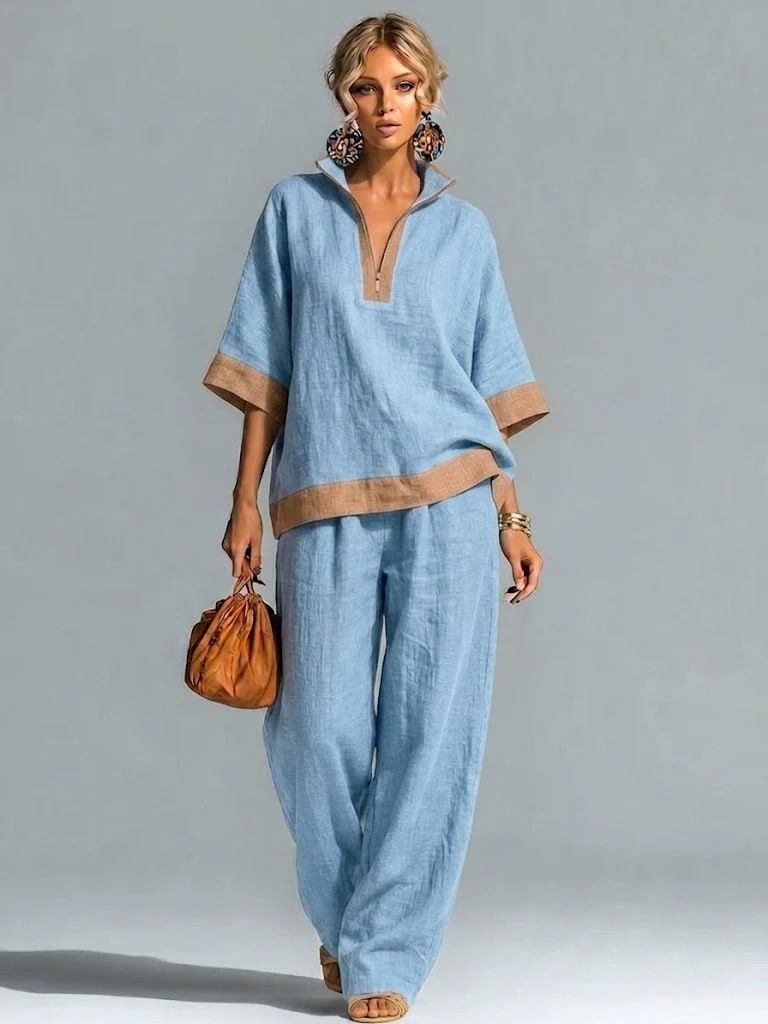 Women's Loose Casual Zip-Neck Top and Pants Set