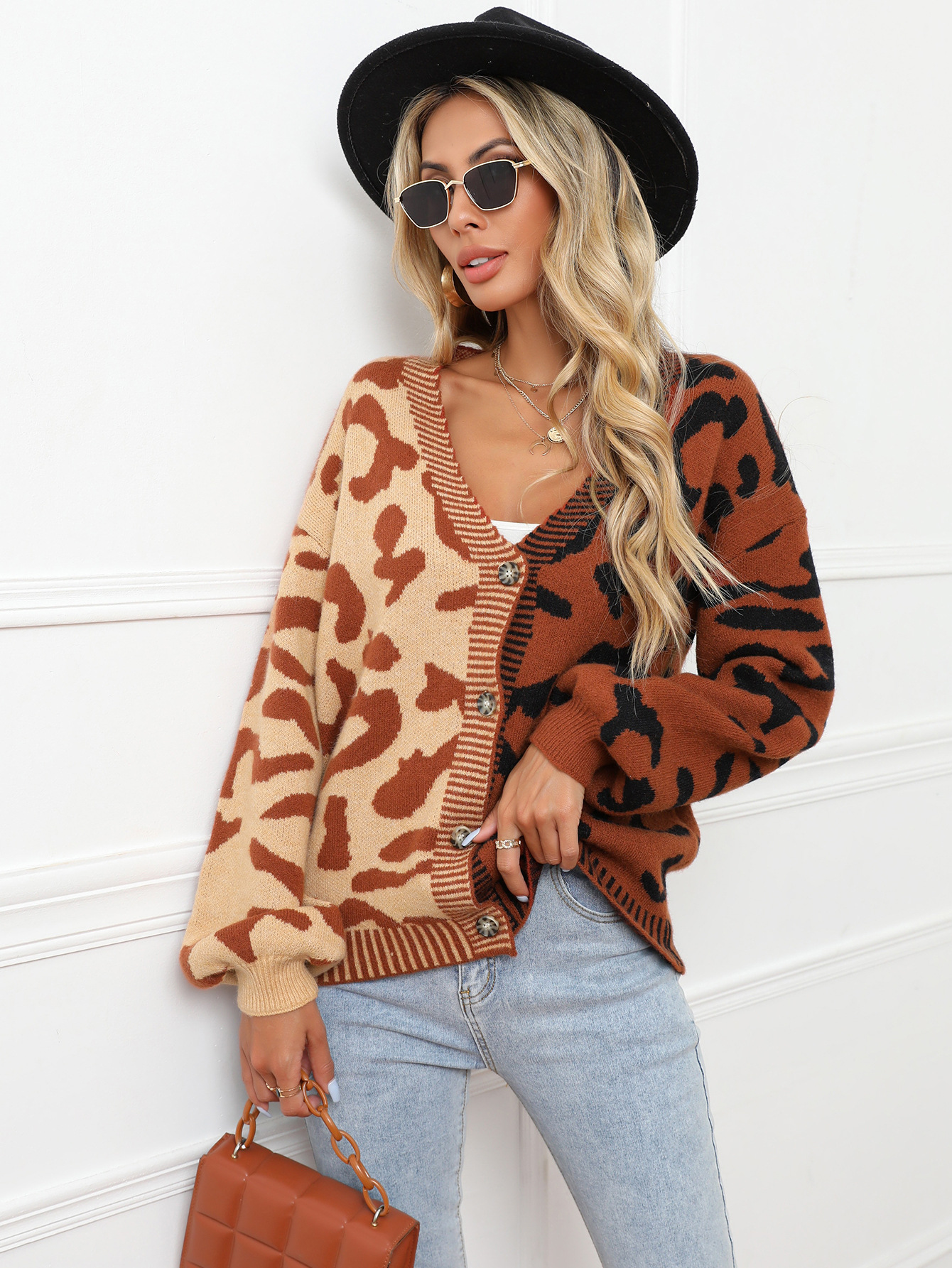 Leopard Print Patchwork Plus Size Button Cardigan Knit Sweater