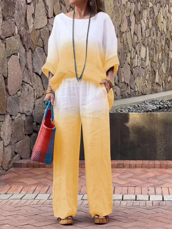Women's Cotton-Linen Gradient Two-Piece Set with Nine-Tenths Sleeves
