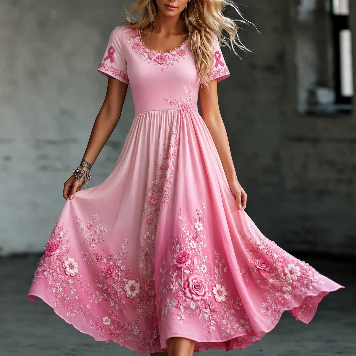Women's Floral Print Ruched Midi Dress Crew Neck Half Sleeve