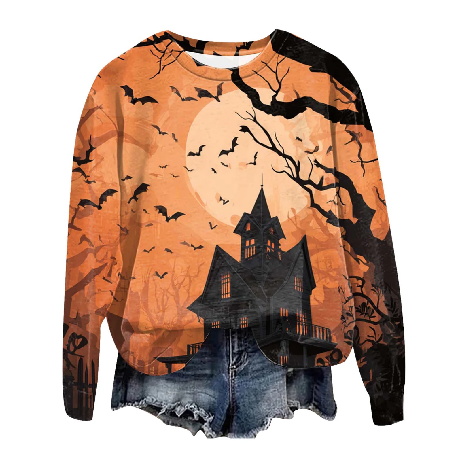 Women's Halloween Cross Castle Ghost Wolf Print Crewneck Sweatshirt