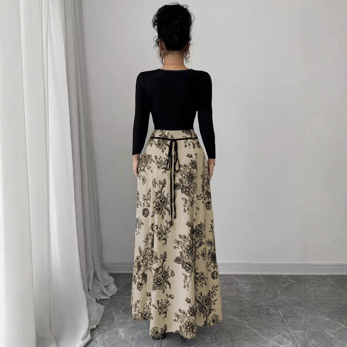 Floral Square Neck Tie-Waist Long Sleeve Midi Dress