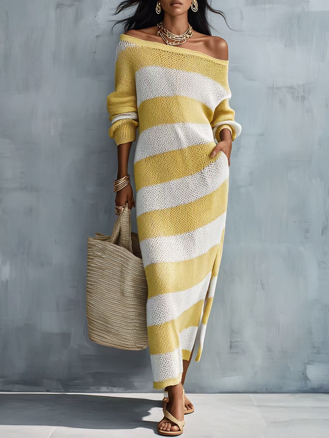 One-Shoulder Striped Knit Long Dress with Cutout and Slit