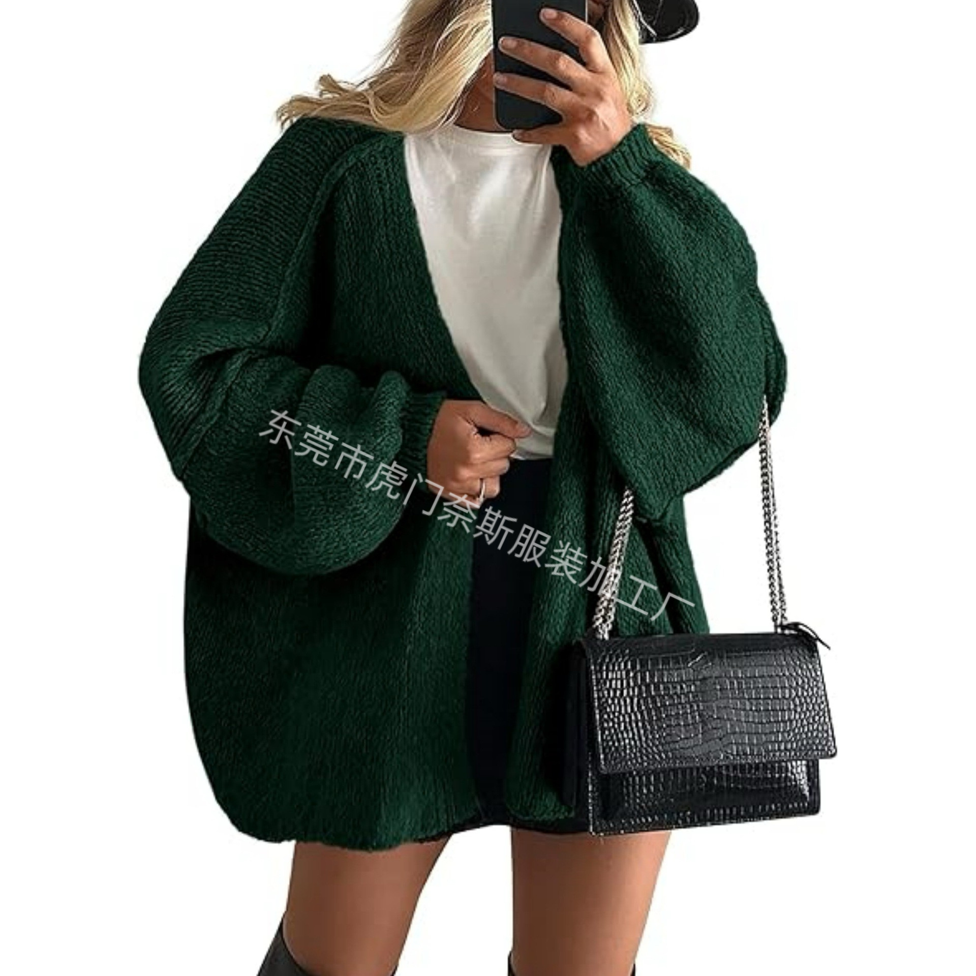 Women's Knit Cardigan Sweater Loose Crew Neck Three-Quarter Sleeve