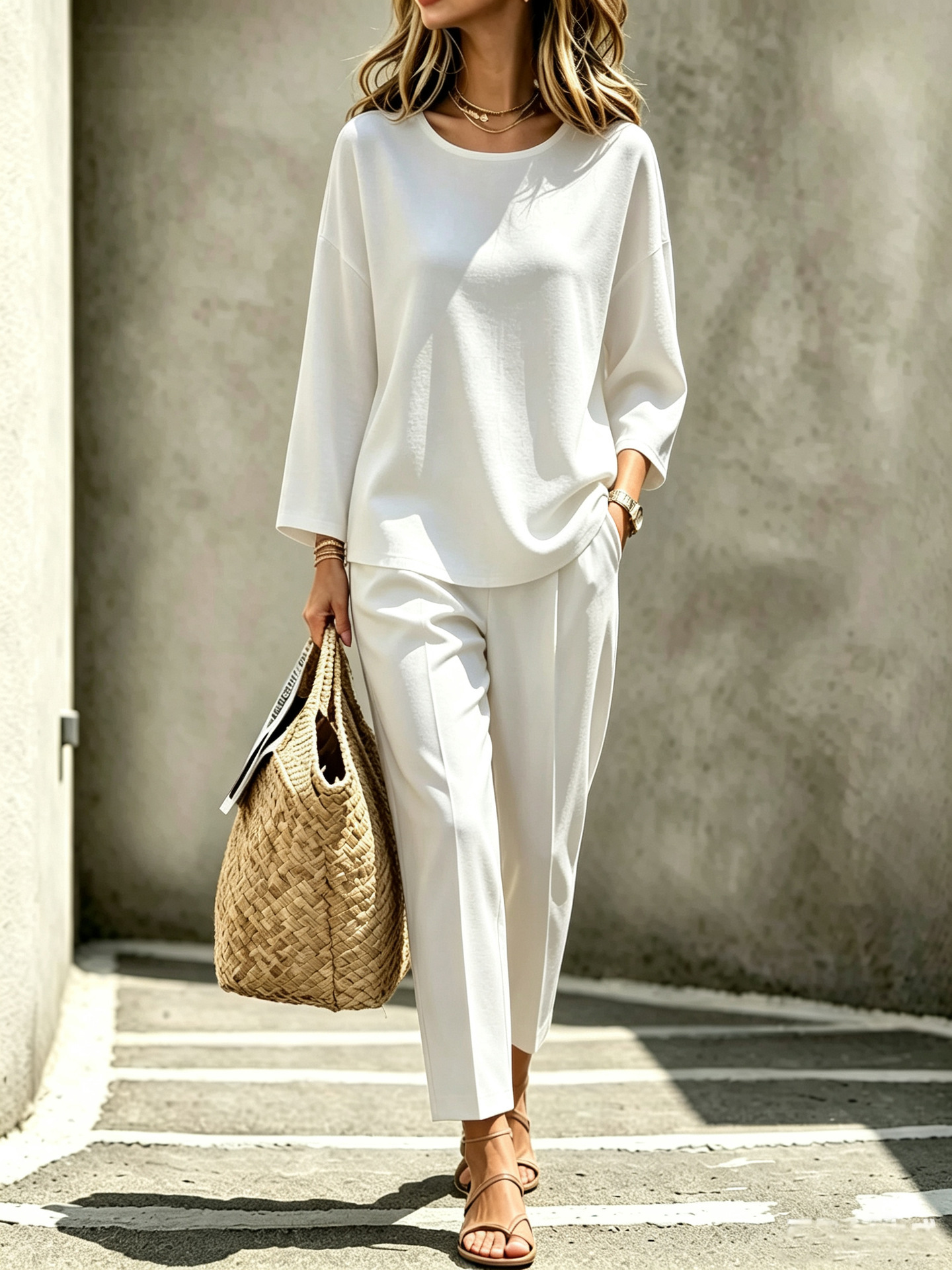 Women's Casual Two-Piece Set Crewneck Long-Sleeve Top and Pants