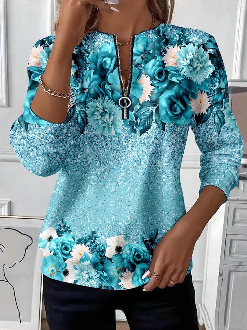 Women's Boho Print Long Sleeve Zip-Up Sweatshirt Casual Top