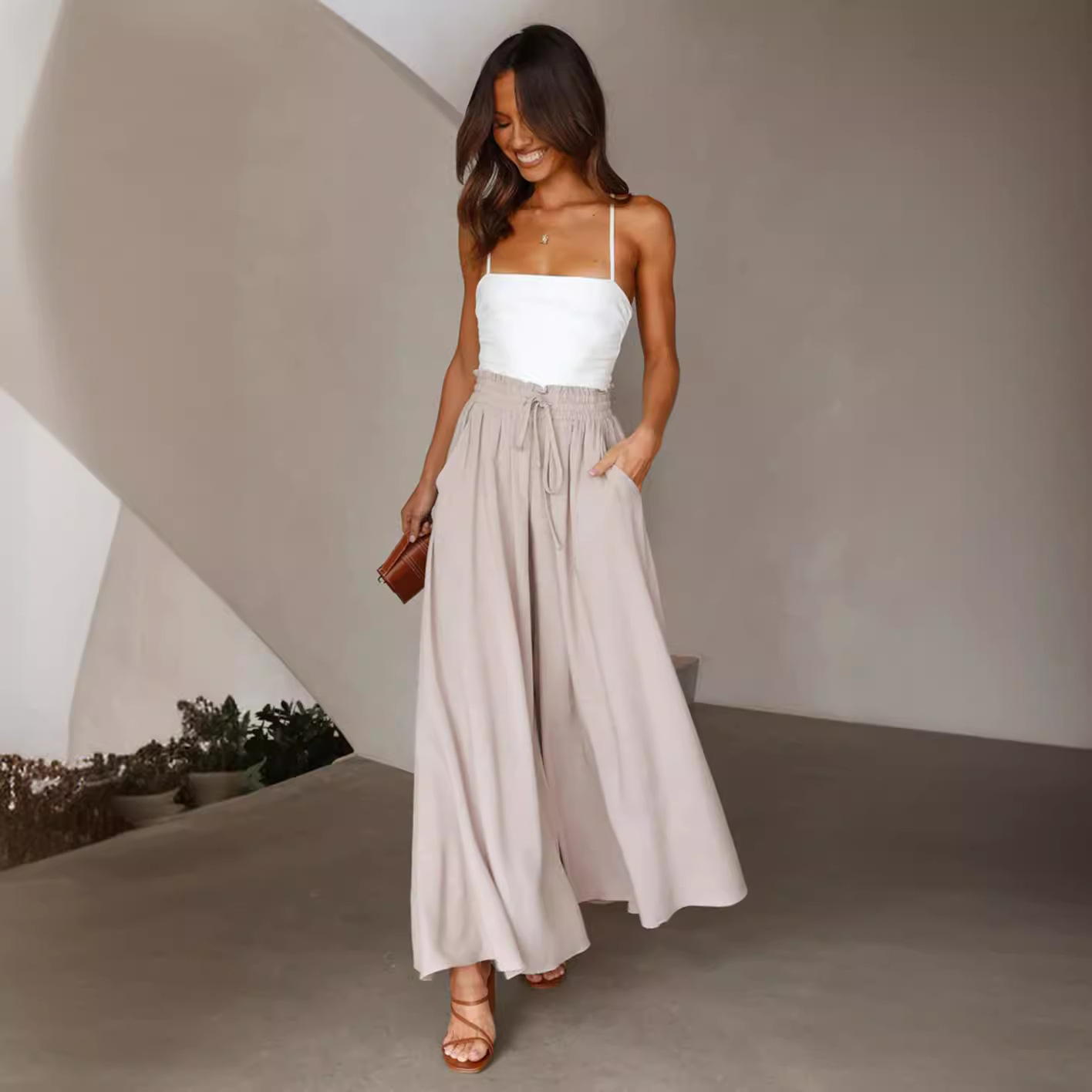 Women's High-Waist Wide-Leg Pants with Elastic Waist
