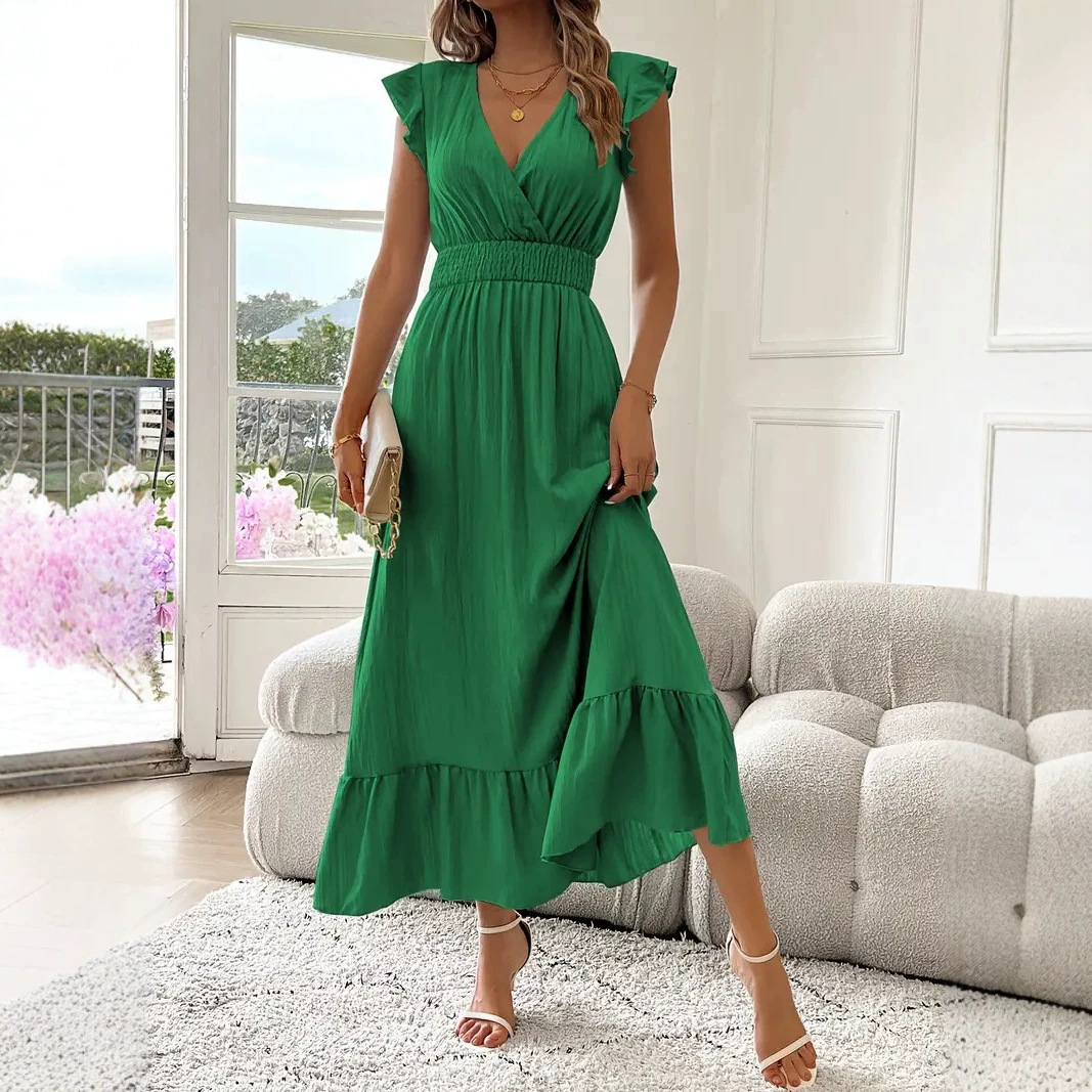 Women's Long Summer Short Sleeve V-Neck Dress