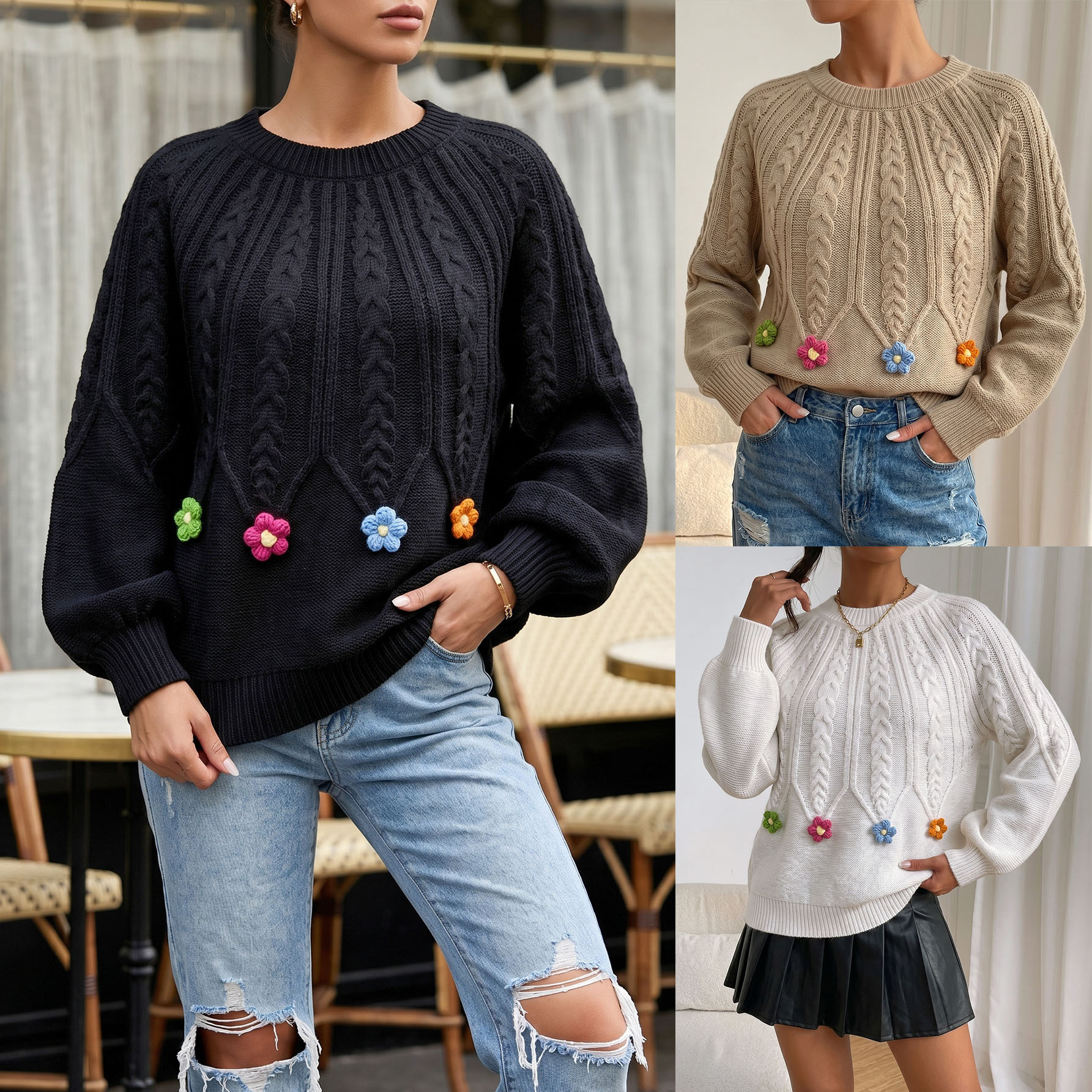 Women's Cable-Knit Sweater with Lantern Sleeves and Round Neck