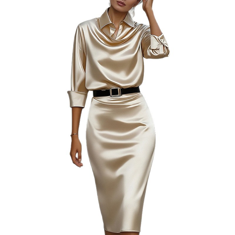 Women's Elegant Solid Color Lapel Collar Waist-Cinched Bodycon Dress