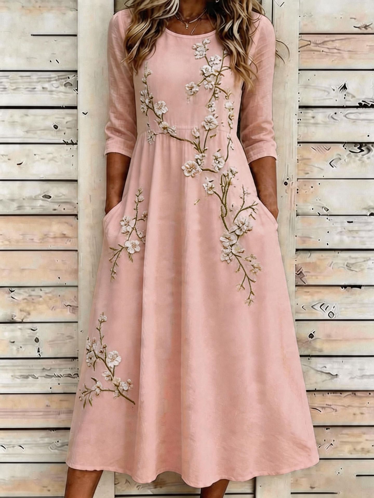 Floral Embroidered Midi Dress with Pockets