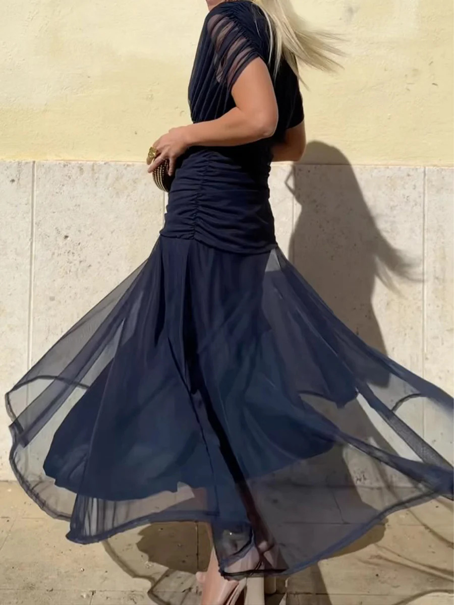 Elegant Solid Deep V-Neck Waist-Cinched Mesh Dress