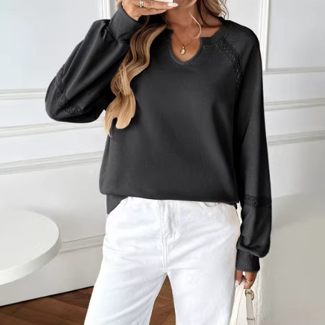 Solid Half-Open Collar Lace Trim Loose Long-Sleeve Sweatshirt