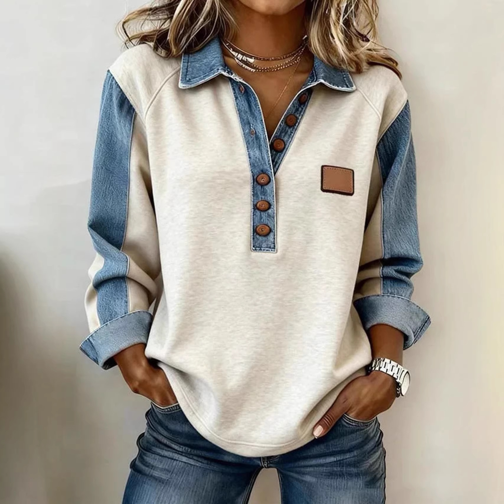 Color-Block Denim-Collar Sweatshirt Women's Loose Long-Sleeve Pullover
