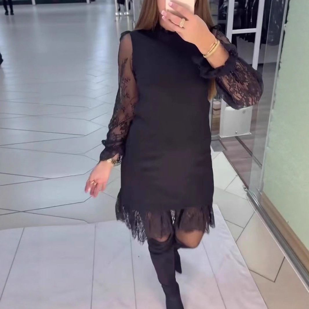 Women's Lace Trim Long Sleeve Midi Dress