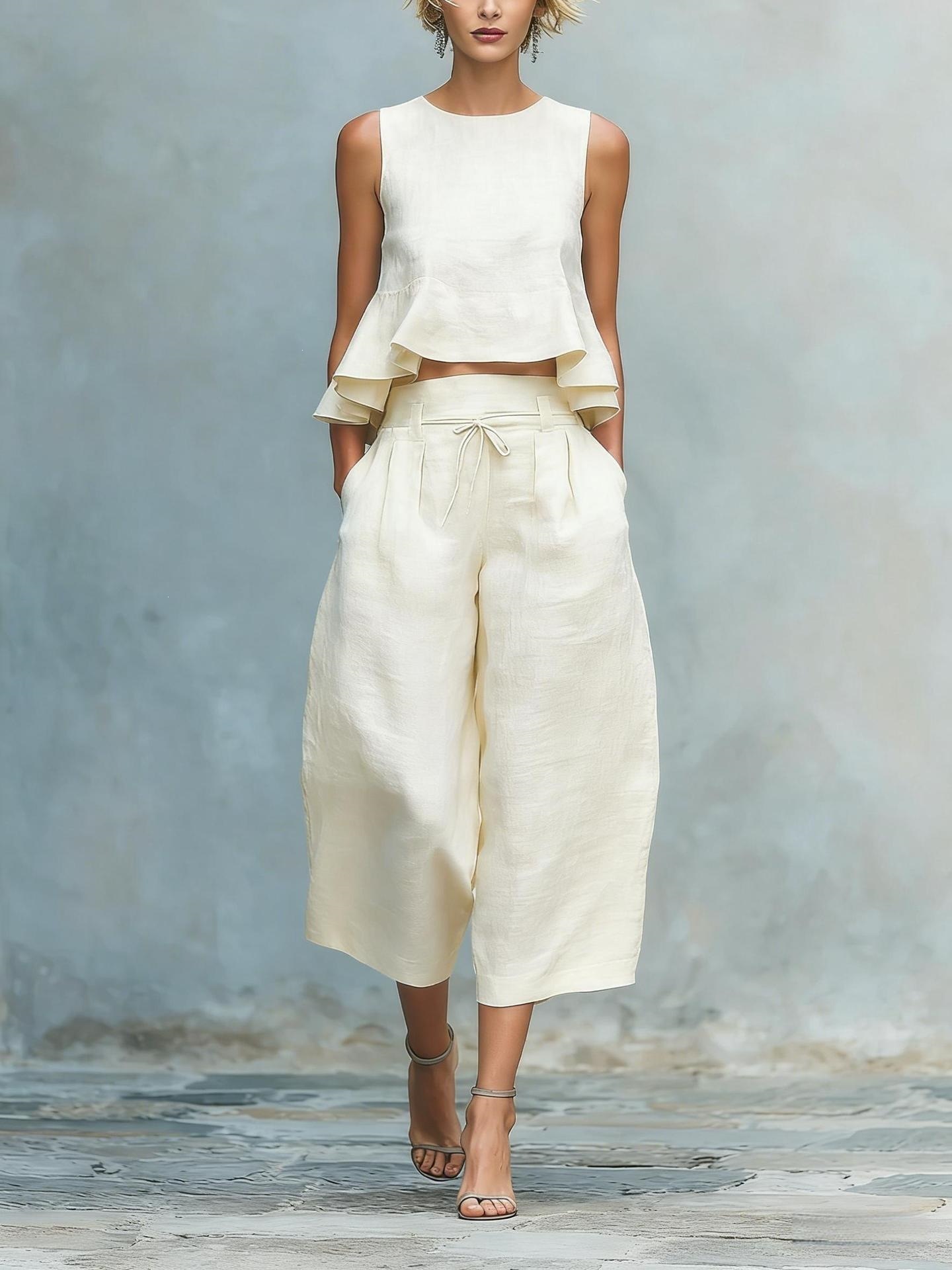 Sleeveless Ruched Tank Top & Wide-Leg Pants Cotton-Blend Set