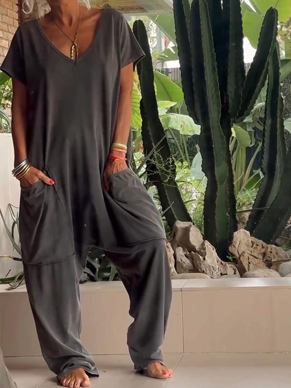 Women's Solid Color V-Neck Short Sleeve Jumpsuit with Pockets