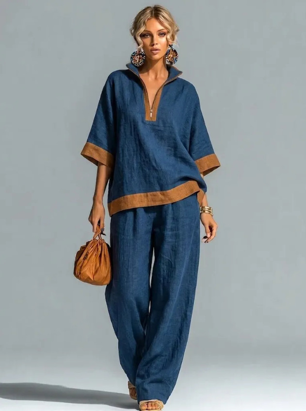 Women's Color-Block Half-Zip Cotton-Linen Shirt & Pants Set