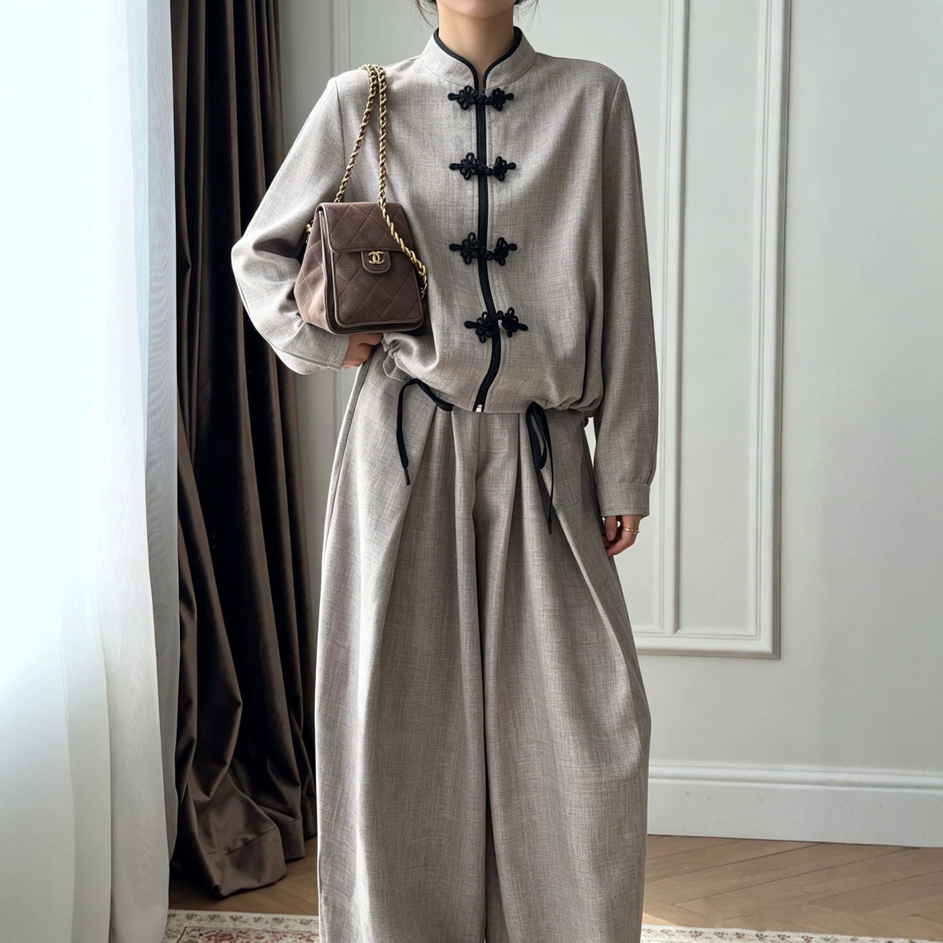 Chinese Style Frog Button Slim Fit Long Sleeve Jacket and Pants Set