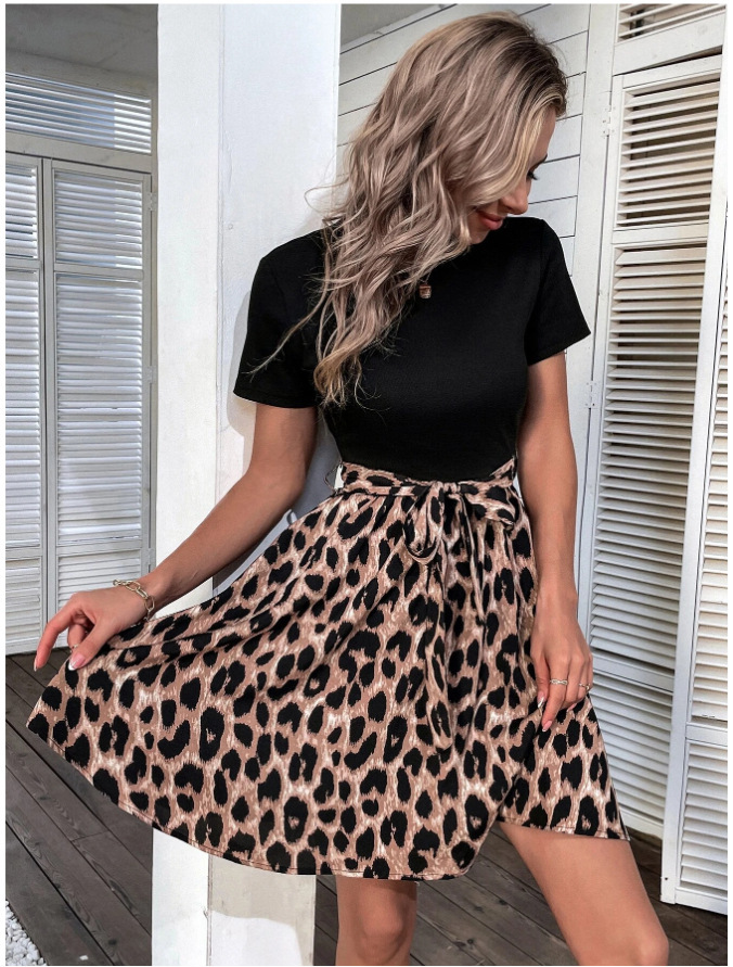 Women's Floral Print Patchwork Lace-Up Bow Dress