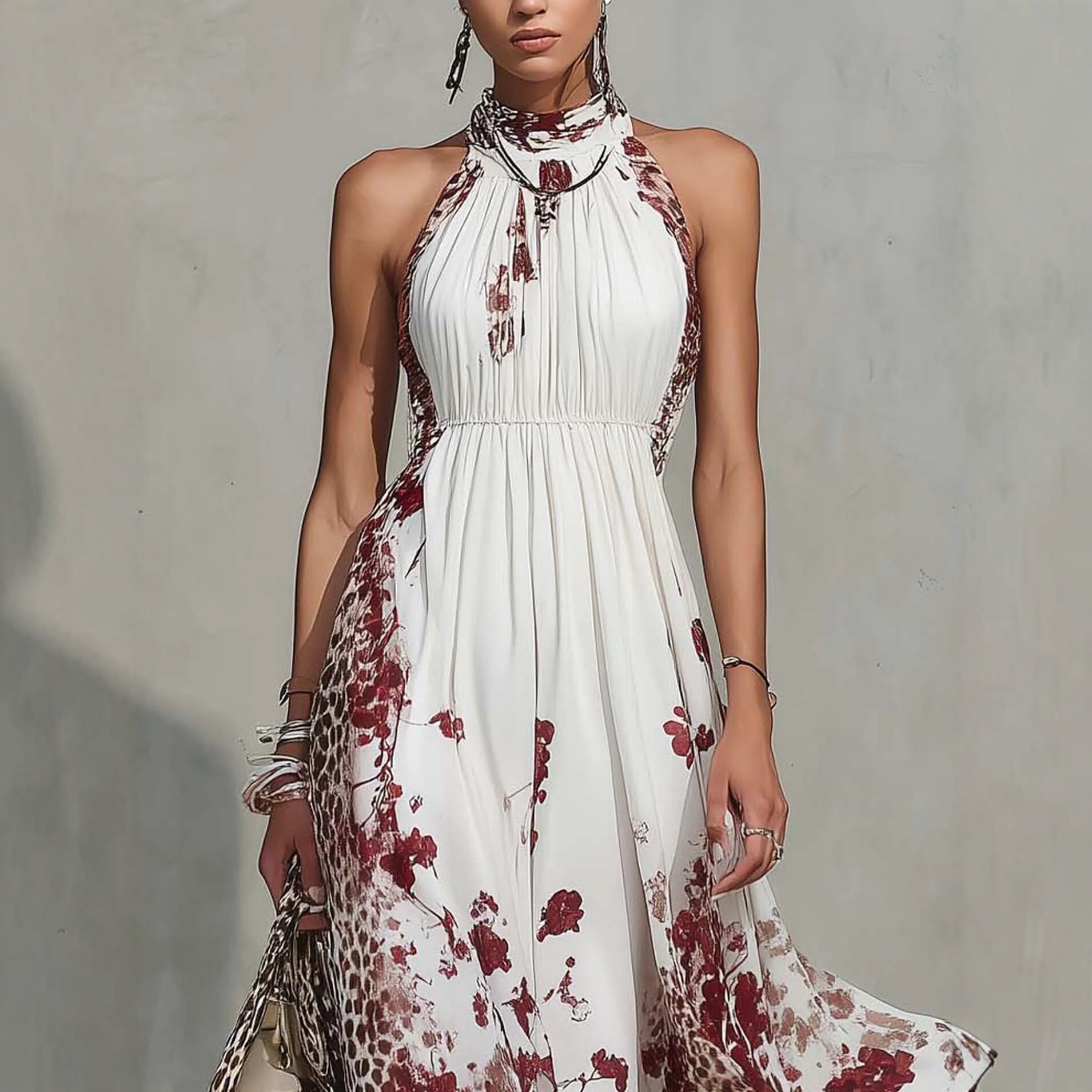 Leopard Print Halter Maxi Dress Women's Summer Cinched Waist Slimming Dress
